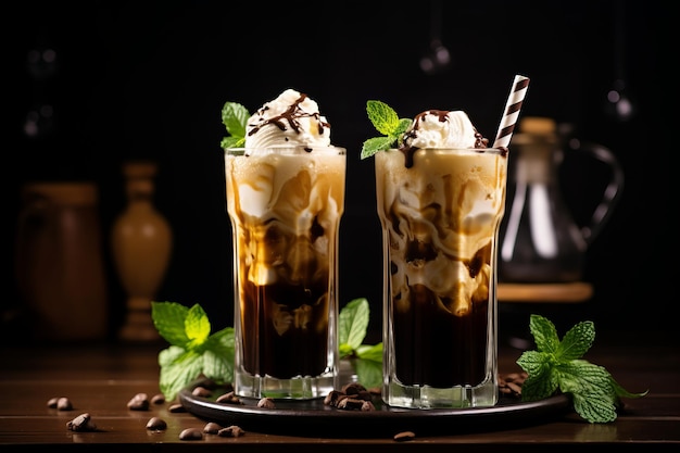 Un délicieux café glacé orné de crème, de sucre, de morceaux de menthe et d'un stra