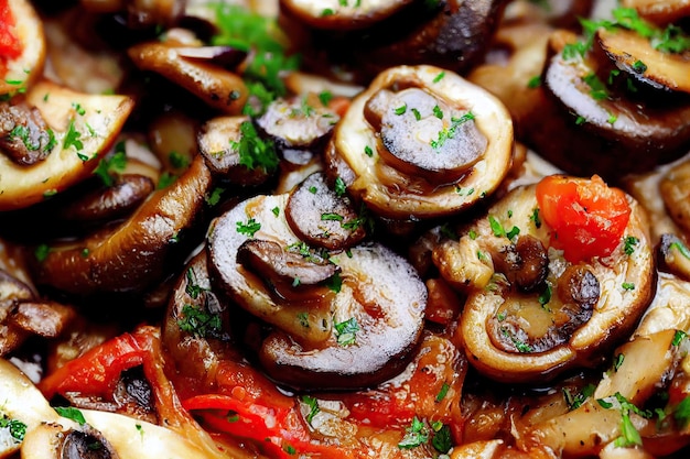 Délicieux champignons frits dans une poêle avec légumes tomates et herbes