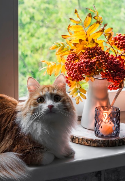 Délicieux chat rouge sur la fenêtre à côté d'un bouquet de cendres de montagne et de bougies allumées Intérieur de maison d'automne confortable