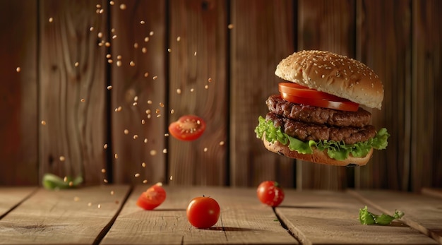 Un délicieux cheeseburger capturé en l'air avec des ingrédients volants contre un fond en bois rustique mettant en valeur la fraîcheur et le goût