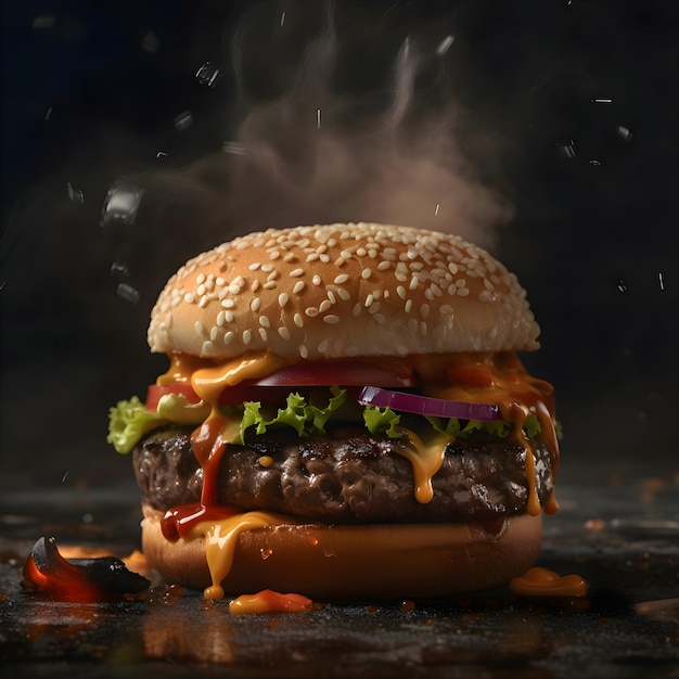 Délicieux cheeseburger avec des ingrédients volants sur fond noir