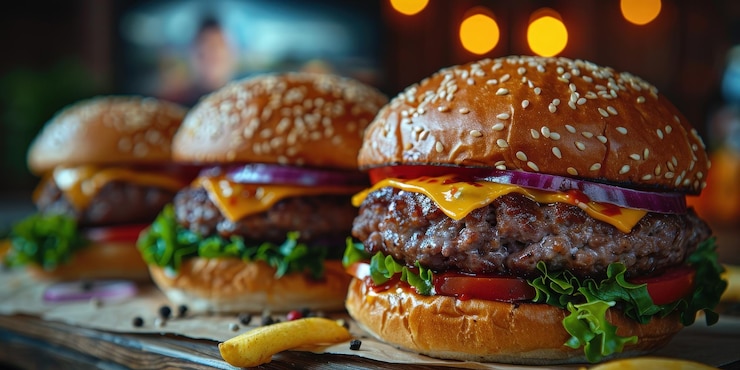 Photo des délicieux cheeseburgers avec des légumes frais