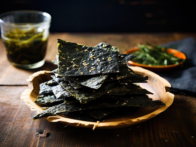 Délicieux chips de collation d'algues biologiques nori naturelles grillées épicées feuilles croustillantes d'algues