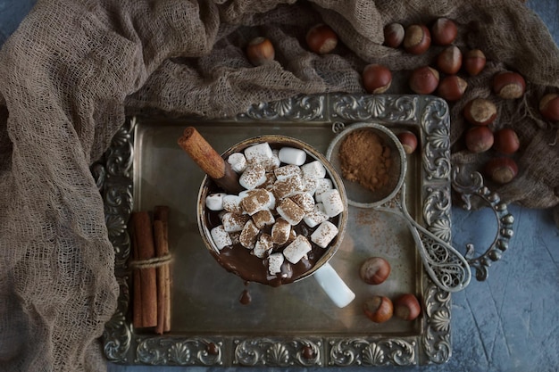 Délicieux chocolat chaud de Noël avec des guimauves et de la cannelle sur un plateau d'argent