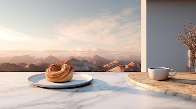 un délicieux Cinnabon et une tasse de café élégamment placés sur le comptoir de la cuisine la scène contre le fond d'un intérieur minimaliste avec des meubles modernes