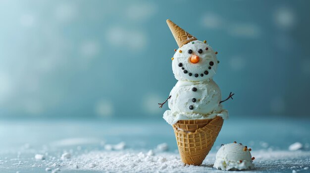 Un délicieux cône de crème glacée avec un mignon bonhomme de neige