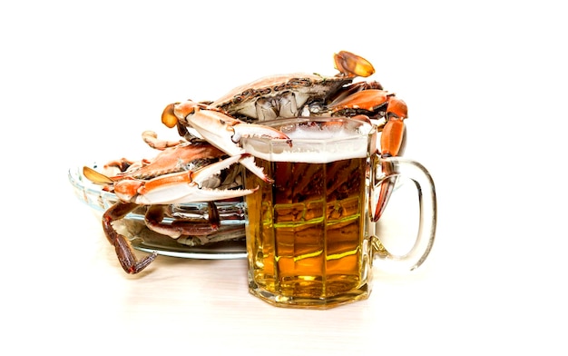 Délicieux crabes bouillis frais et de la bière dans une tasse gros plan sur un fond blanc