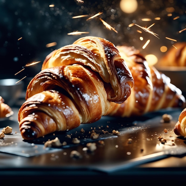 Délicieux croissant français flottant, pâte feuilletée au beurre, croûte dorée et intercalaire doux et aéré