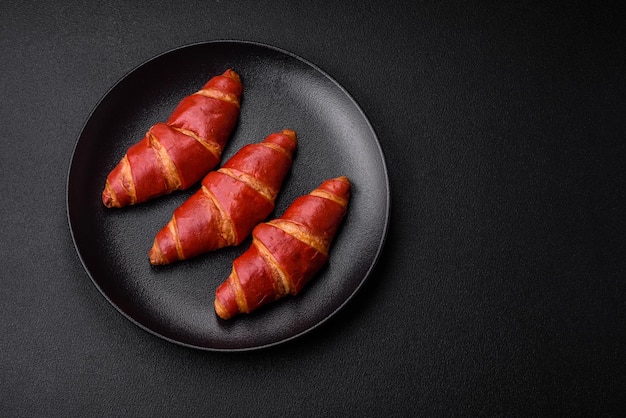 Délicieux croissant rouge croquant sucré avec garniture à la crème sur fond de béton texturé foncé