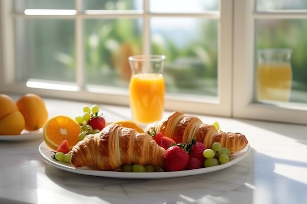 Délicieux croissants avec baies fraîches et verre de jus sur table en bois IA générative