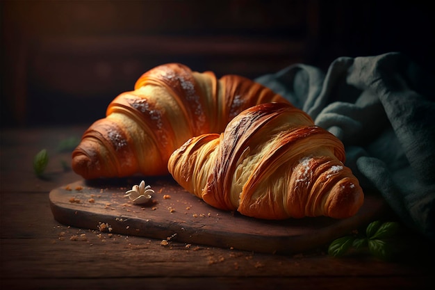 Délicieux croissants faits maison sur une table de cuisine en bois rustique générée par l'IA