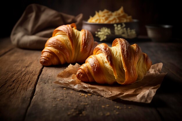 Délicieux croissants faits maison sur une table de cuisine en bois rustique générée par l'IA