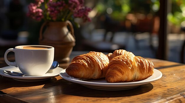 Photo délicieux croissants français et cappuccino avec fond de rues parisiennes