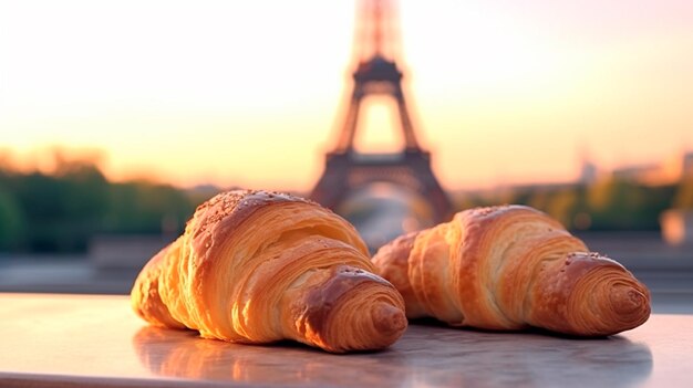 Délicieux croissants français sur fond romantique de la tour Eiffel Paris Illustrateur d'IA générative