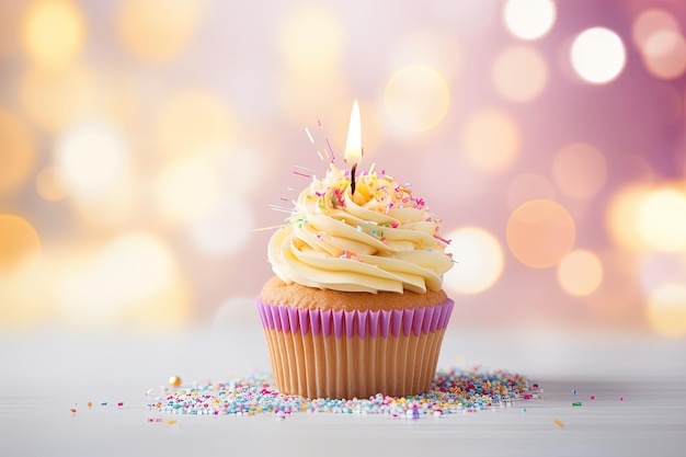 Délicieux cupcake d'anniversaire sur table avec toile de fond lumineuse