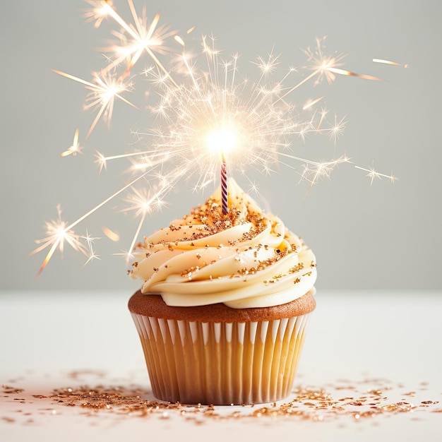 Un délicieux cupcake avec des étincelles étincelantes sur le dessus de la table sur un fond clair flou