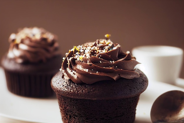 Délicieux cupcakes au chocolat en moule sur fond marron foncé