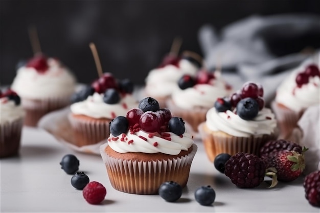 De délicieux cupcakes avec des baies fraîches sur une table en bois en gros plan du contenu généré par l'IA