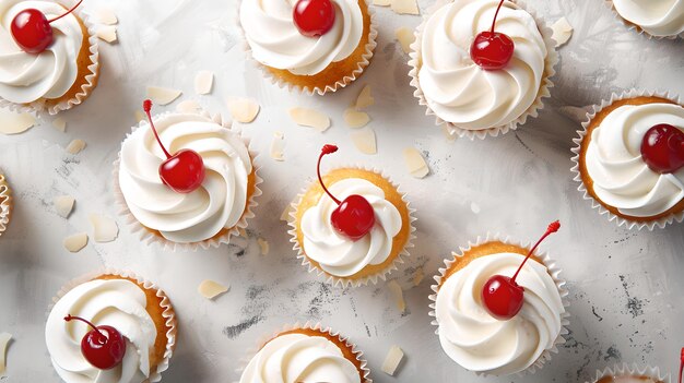 Délicieux cupcakes à la vanille surmontés de crème fouettée et de cerises parfaits pour les célébrations Image de stock de haute qualité idéale pour les blogs alimentaires et les publicités AI