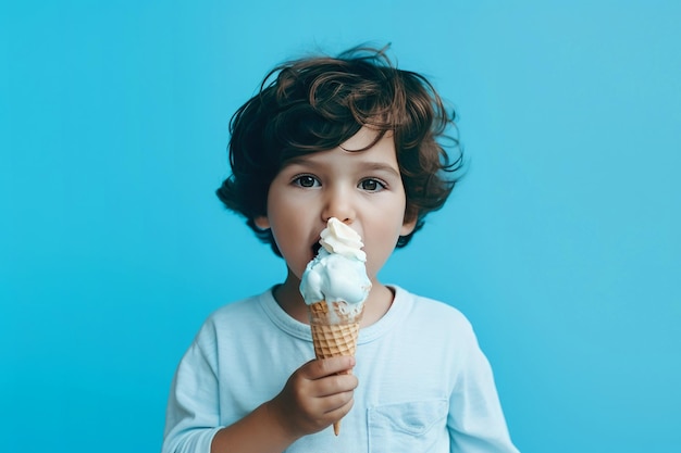 Délicieux délice de crème glacée pour petit garçon sur fond bleu