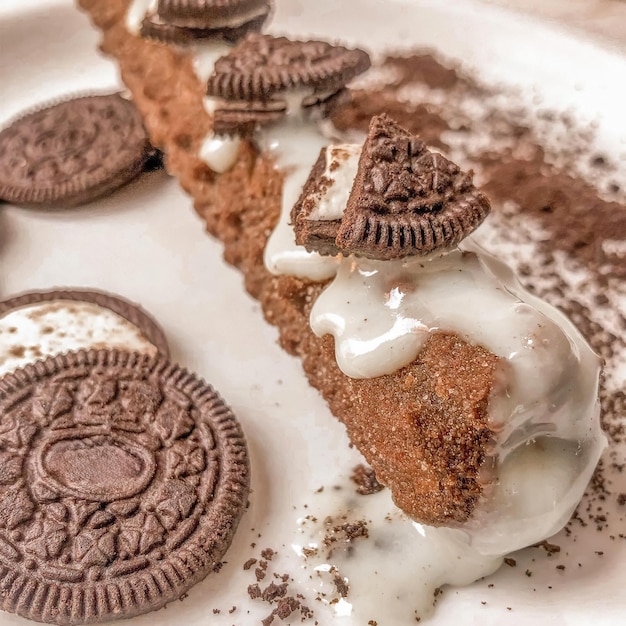 Délicieux dessert au chocolat à la crème, au sucre fondu, aux biscuits à la fraise.