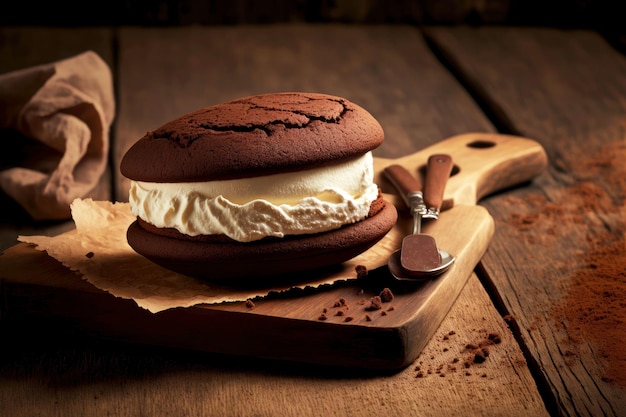 Délicieux dessert au chocolat whoopie pie avec de la crème sur une table en bois