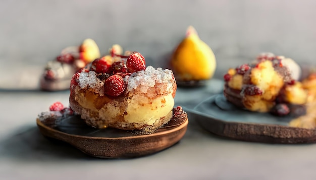 Délicieux dessert aux framboises avec crème à la vanille. 3drender généré avec ai