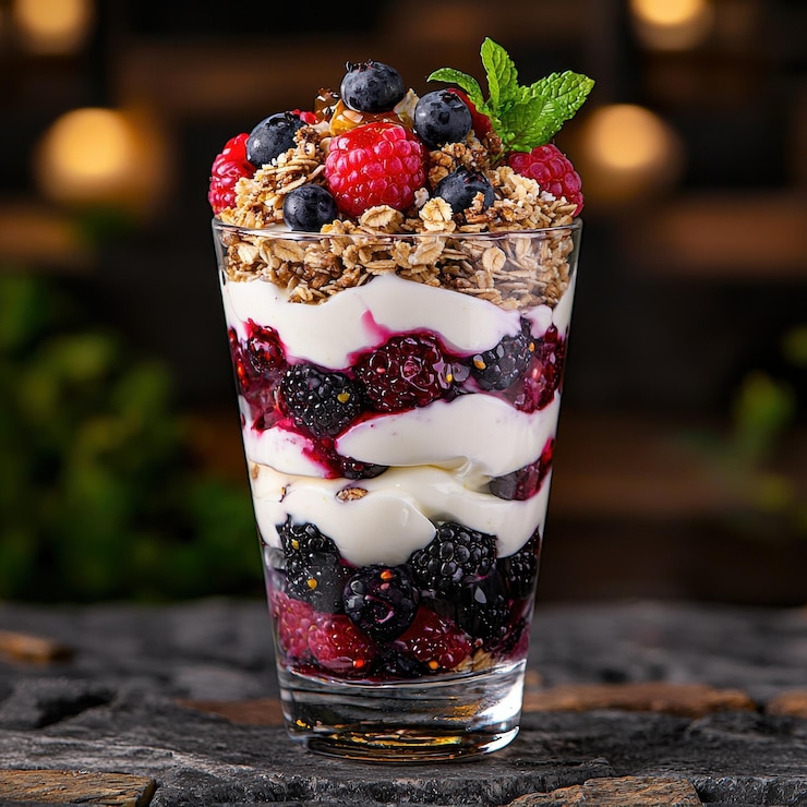 Photo délicieux dessert en couches avec des baies fraîches et du granola