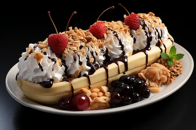 Un délicieux dessert à la crème glacée à la banane et au sirop de chocolat Dessert à la crème glacée à la banane