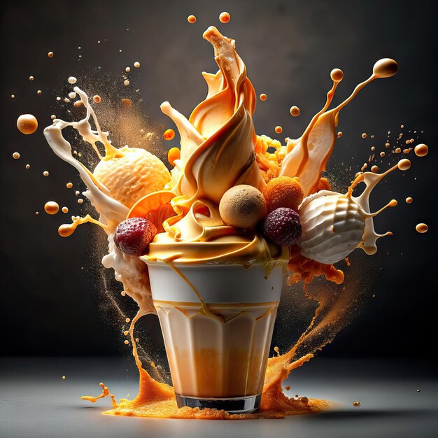 Photo délicieux dessert de crème glacée avec chocolat et fruits en éclaboussure