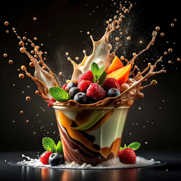 Délicieux dessert de crème glacée avec chocolat et fruits en éclaboussure