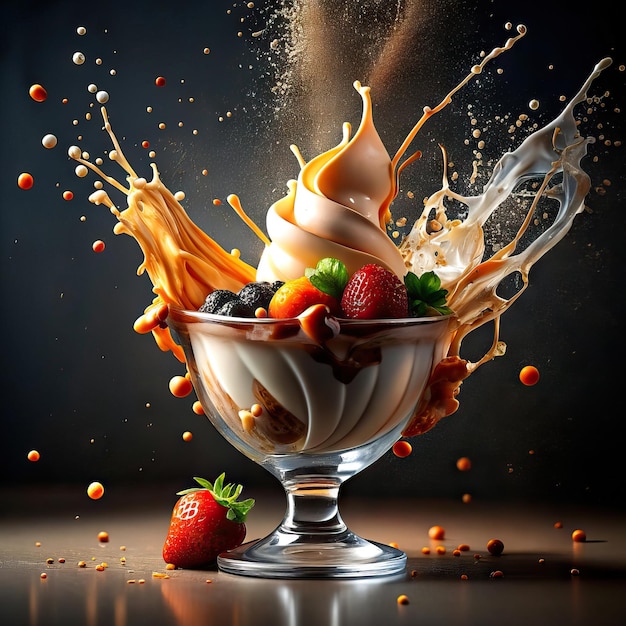 Délicieux dessert de crème glacée avec chocolat et fruits en éclaboussure