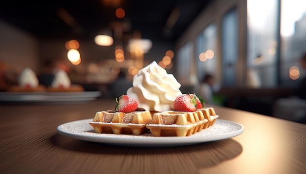 Délicieux dessert de gaufres avec des fraises et de la crème sur une assiette