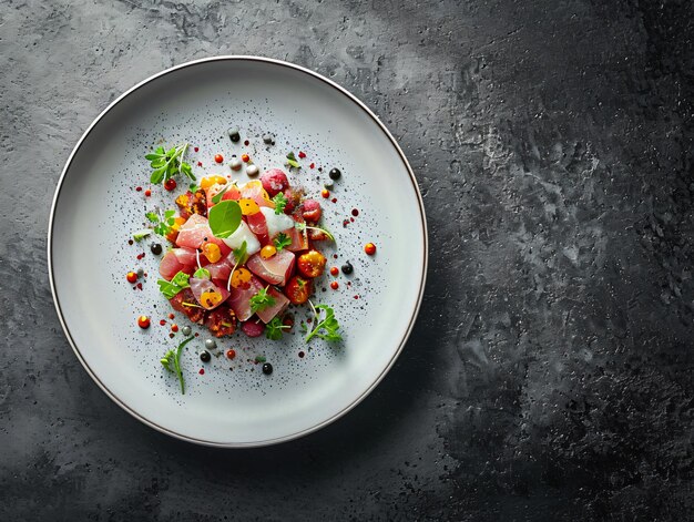 Photo un délicieux dîner avec de la nourriture fraîche et délicieuse sur un fond de luxe élégant du chef michelin