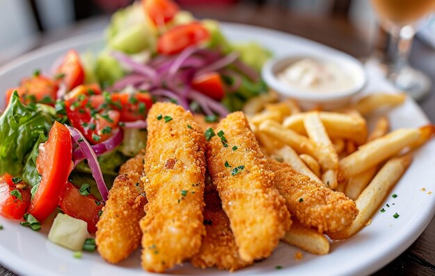 Délicieux doigts de poisson et frites avec des légumes sur le côté