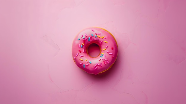 Délicieux donut glacé rose avec des éclaboussures colorées sur un fond rose