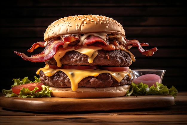 Un délicieux double cheeseburger avec bacon et laitue.