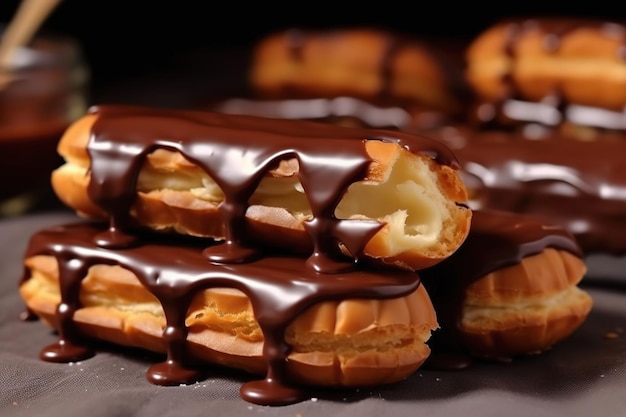 Délicieux éclairs au chocolat avec une garniture crémeuse dessert de pâtisserie traditionnel français