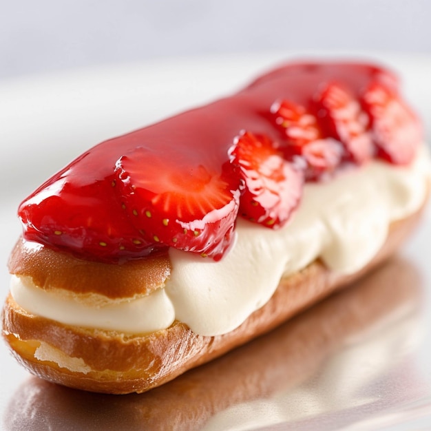 Délicieux éclairs à la crème et aux fraises sur une assiette blanche