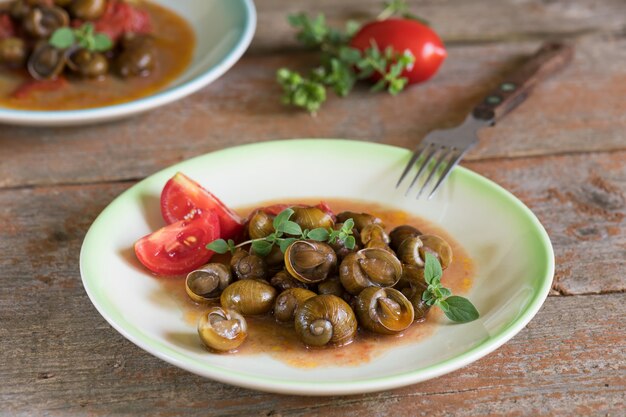 De délicieux escargots des Pouilles appelés munaceddi à la sauce tomate, de l'origan sur une table en bois