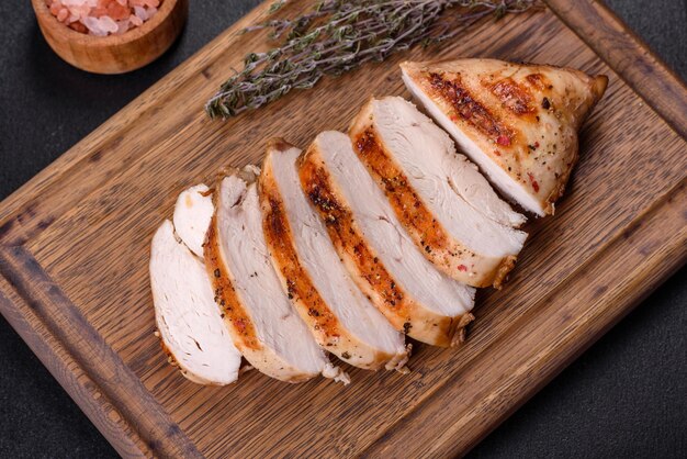 Délicieux filet de poulet grillé frais avec des épices et des herbes sur un fond de béton foncé Un plat cuit au feu