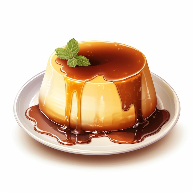 Photo un délicieux flan avec de la sauce au chocolat sur un fond blanc