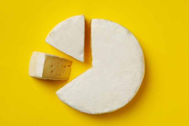 Délicieux fromage camembert sur fond jaune, vue du dessus