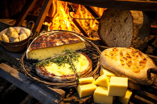 Délicieux fromage délicieux sur le gril avec du pain et du boeuf au barbecue créé avec ai générative