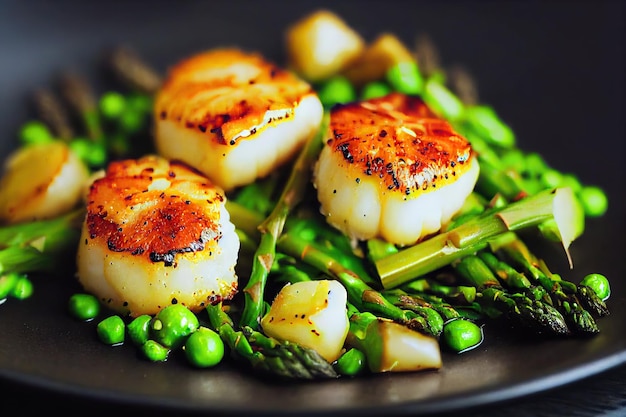 Délicieux fruits de mer sains sous forme de pétoncles poêlés aux asperges et petits pois