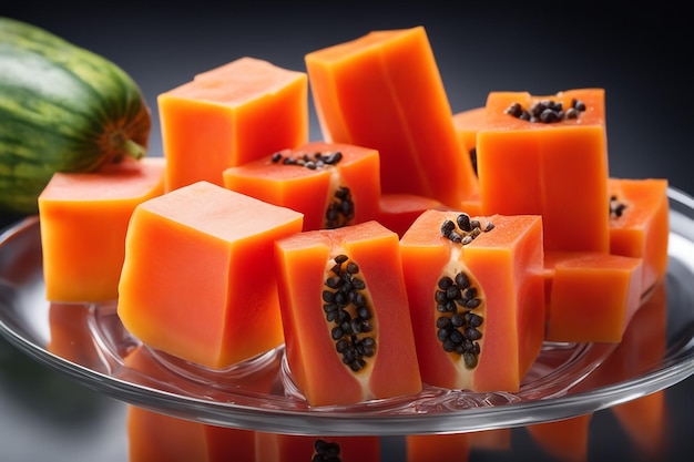 délicieux fruits de papaye coupés en petits cubes sur une plaque de verre isolée sur fond de papier blanc