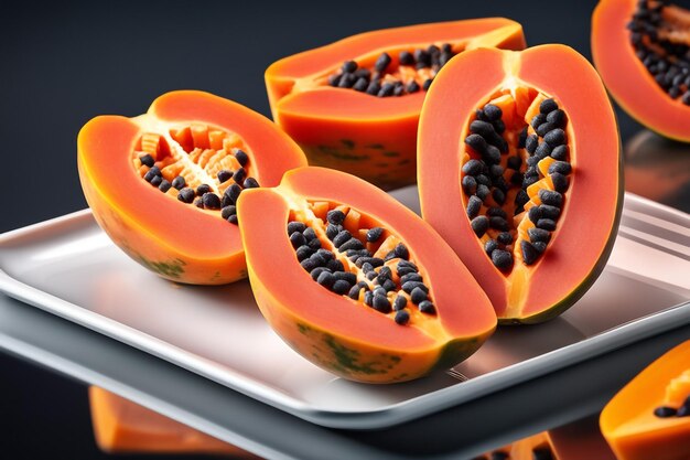 délicieux fruits de papaye coupés en petits cubes sur une plaque de verre isolée sur fond de papier blanc