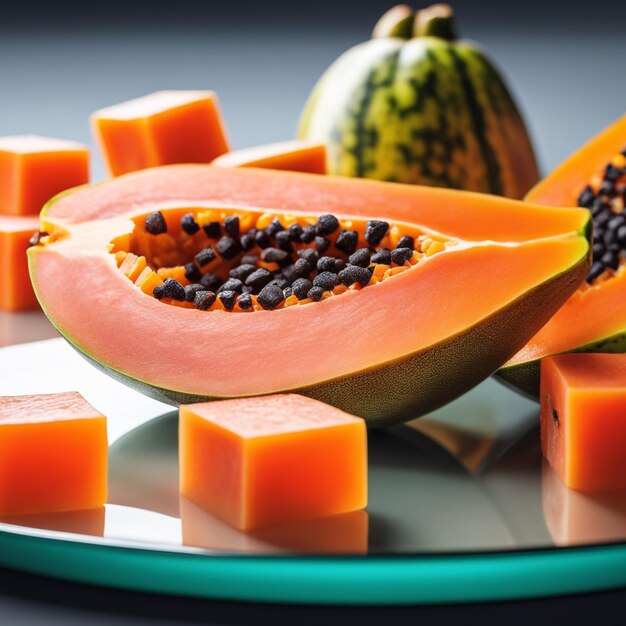 Photo délicieux fruits de papaye coupés en petits cubes sur une plaque de verre isolée sur fond de papier blanc