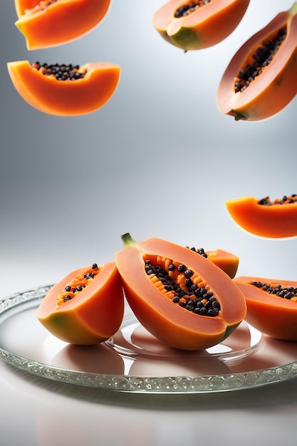 délicieux fruits de papaye coupés en petits cubes sur une plaque de verre isolée sur fond de papier blanc