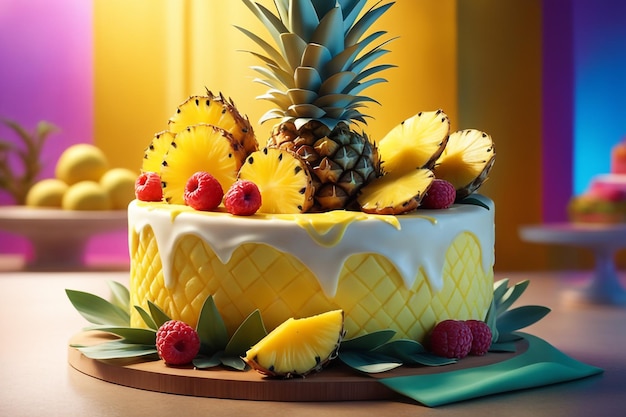 Délicieux gâteau à l'ananas fraîchement cuit, décoré dans un contexte alimentaire sain